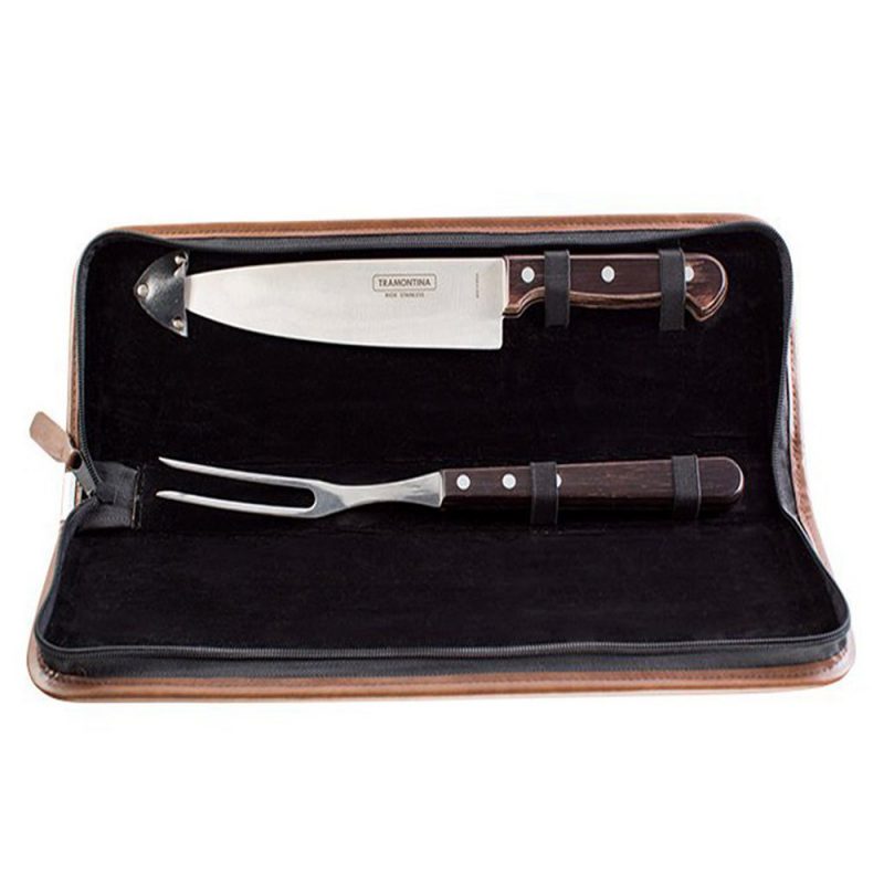 Tramontina Churrasco Carving Set 8"" Cooks Knife Carving Fork Brown Leather Pouch