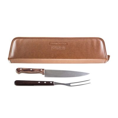 Tramontina Churrasco Carving Set 8" Cooks Knife  Carving Fork  Brown Leather Pouch